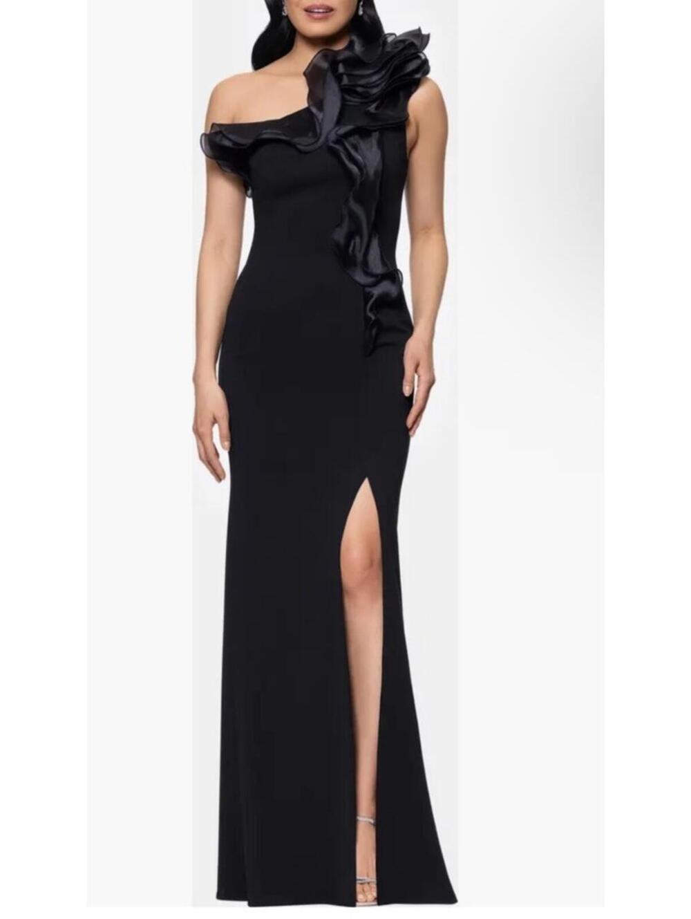 New Betsy & Adam Organza Ruffle One-Shoulder Scuba Crepe Gown Black Sz 12 $259